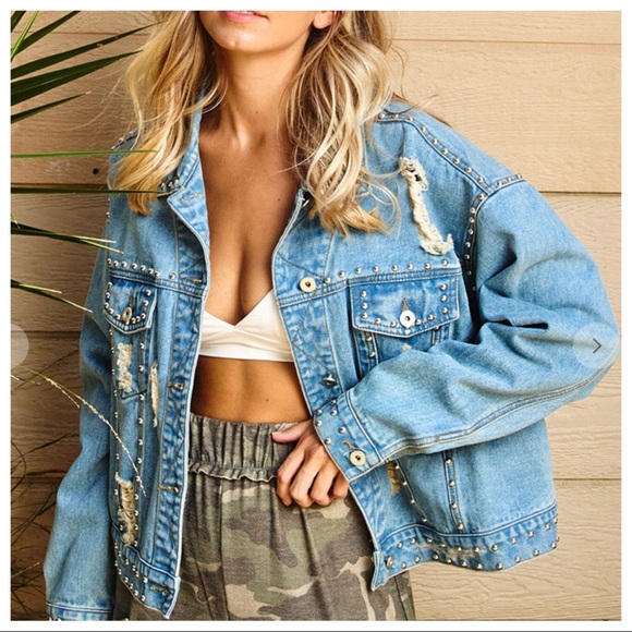Most Fabulous Retro Studded washed distressed denim jacket - Picture 5 of 7